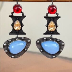 Vintage Hand Crafted Dangle Earrings Glass Stones  Jewelry 2.25” L